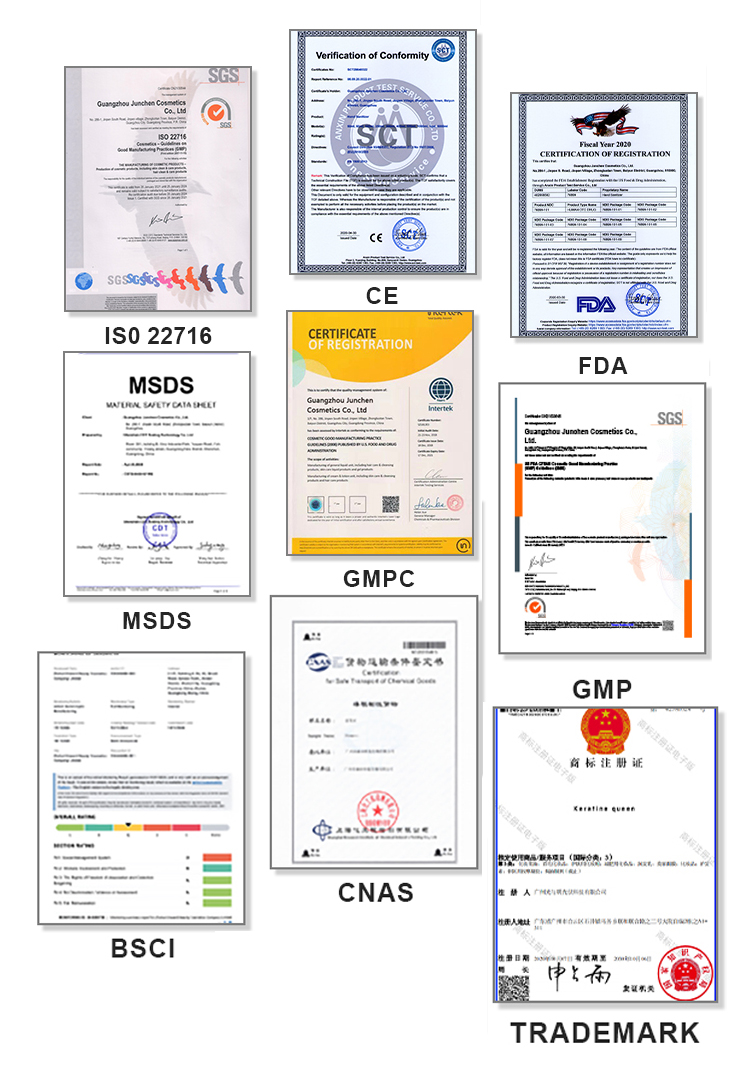 piercity cosmetics global cosmetic certificates ISO22716 FDA GMPC BSCI CNAS for keratine queen hair skincare export