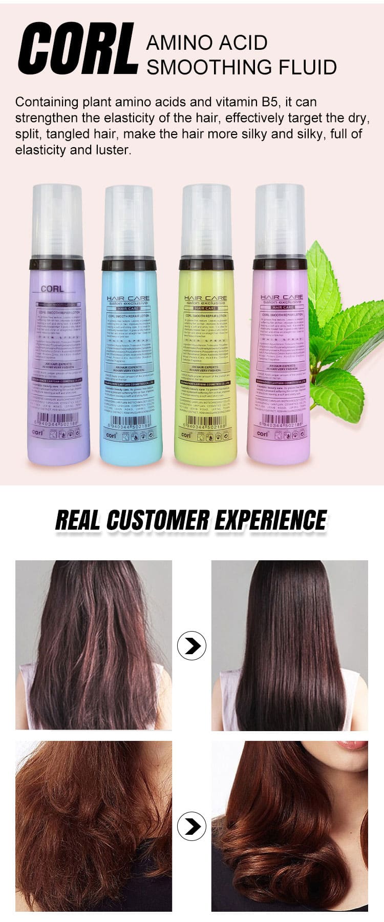 Straight frizzy hair before and after using CORL smoothing spray