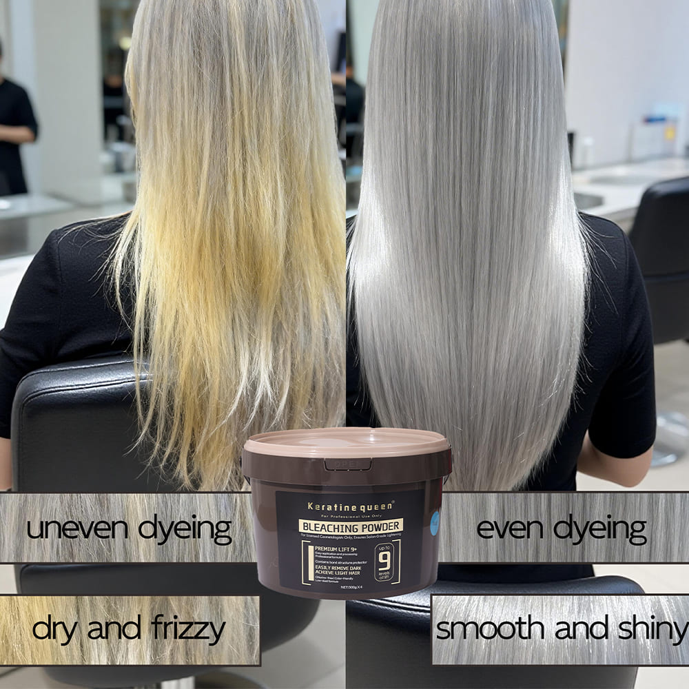 Keratine queen hair bleach powder salon silver blonde back view effect