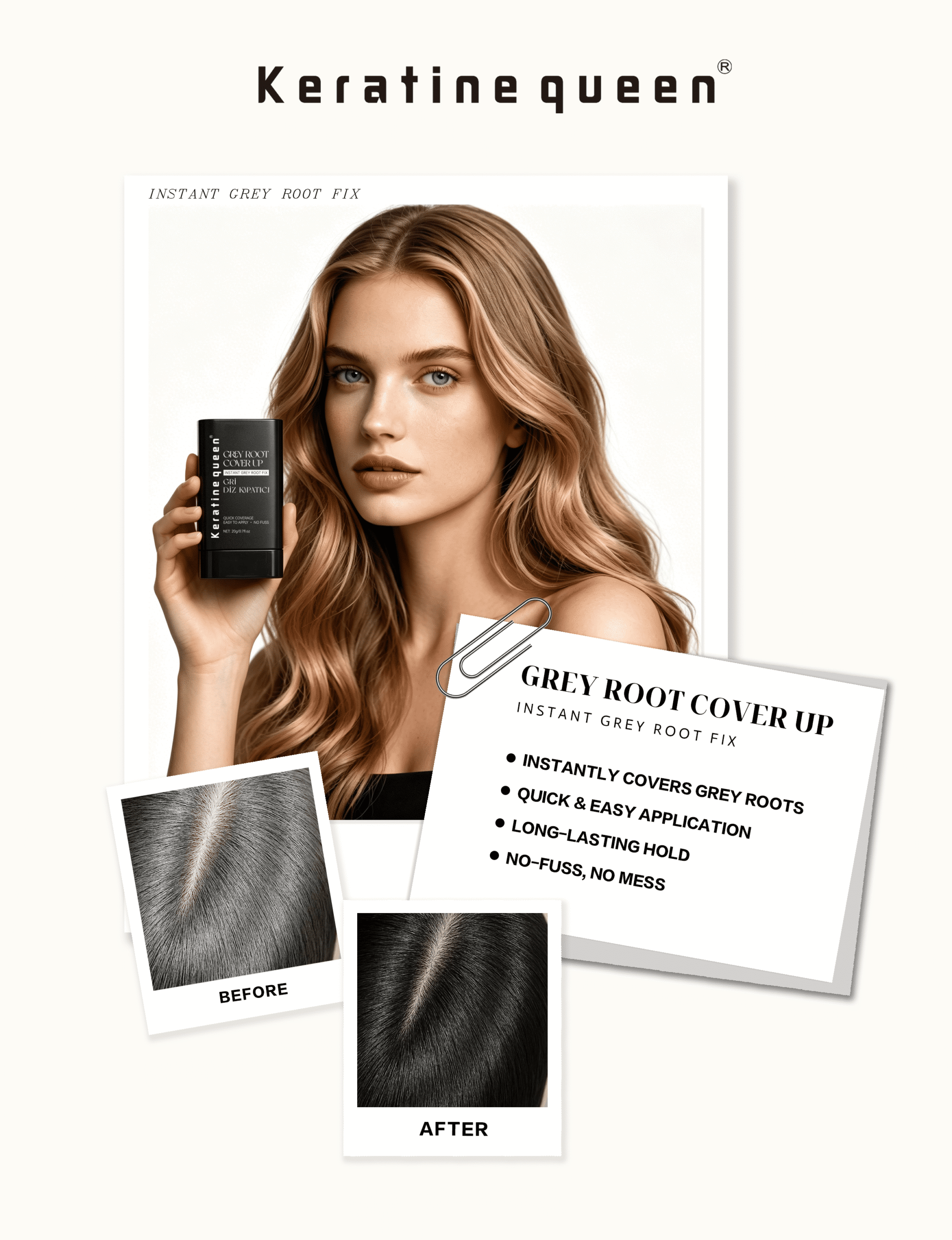 Keratine queen grey root stick model display & before after grey coverage effect