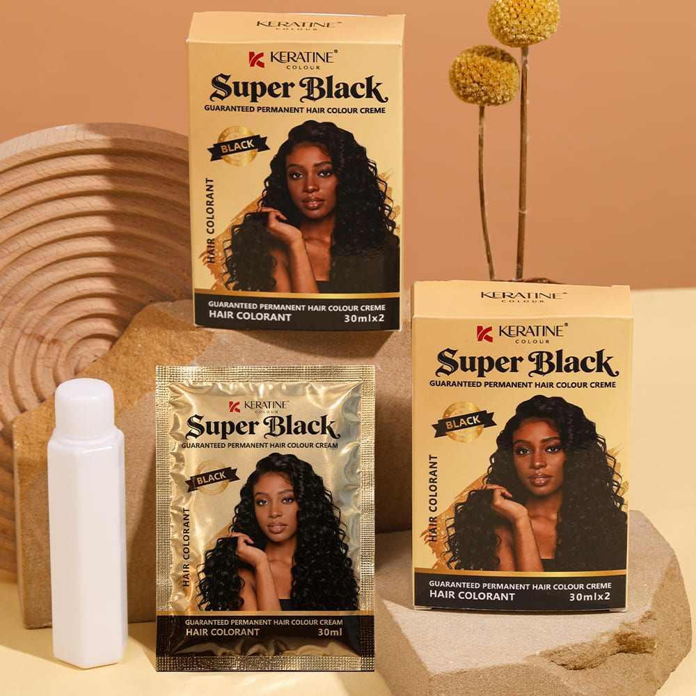 Keratine permanent black hair colour creme outer box