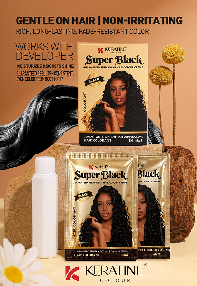 Keratine permanent black hair colour creme grey coverage display